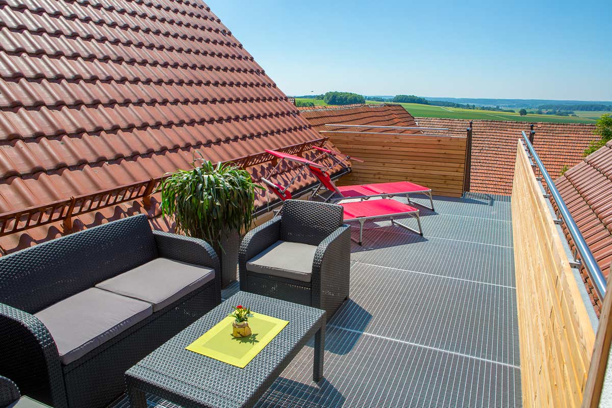 Panoramablick von der Dachterrasse im Gästebereich des Landgasthof Weberhans